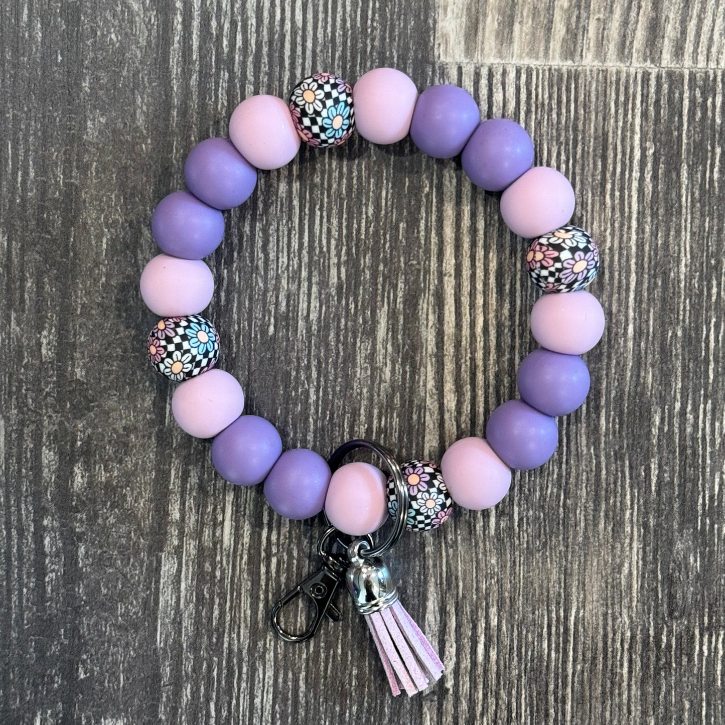 Purple Checkered and Flowers Wristlet