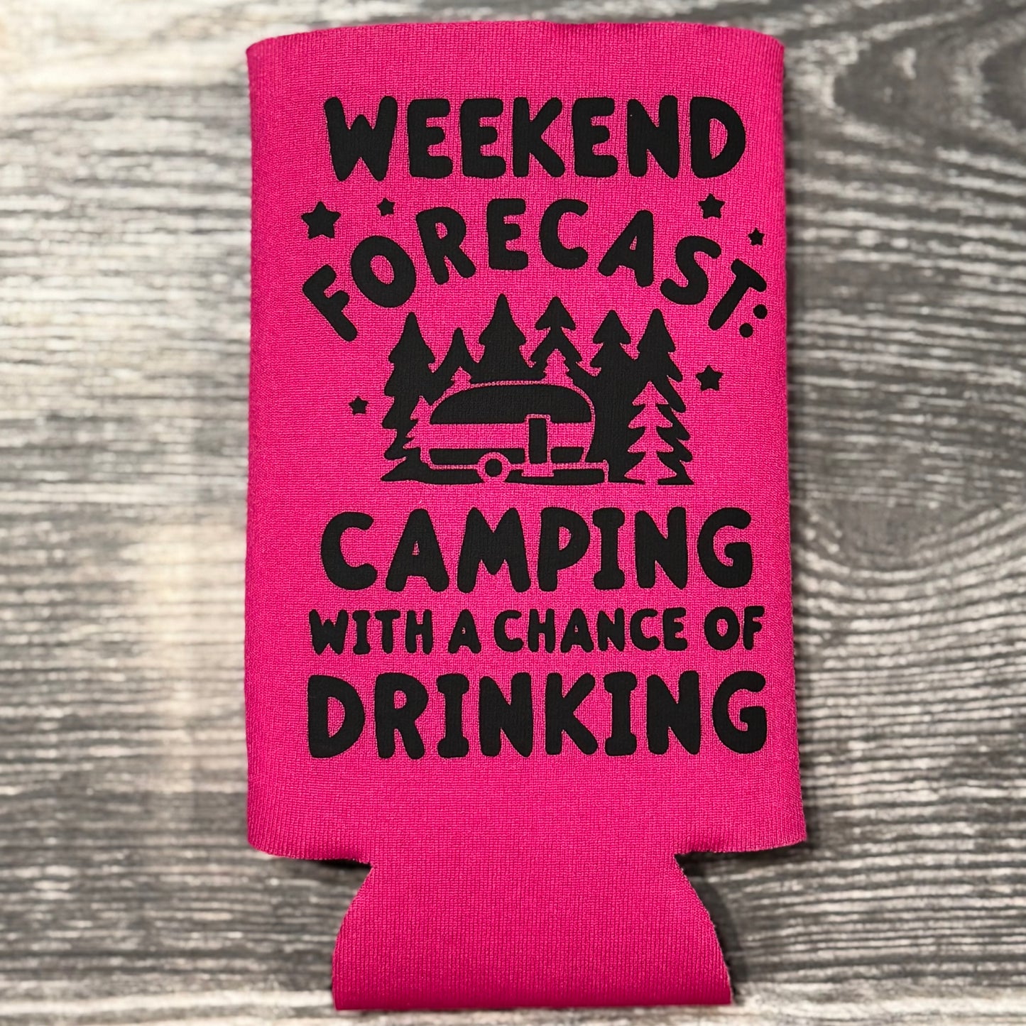 Pink and Black Camping Slim Koozie