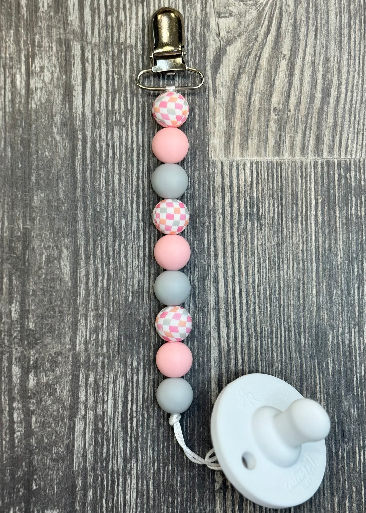 Pink And Grey Checkered Pacifier Clip