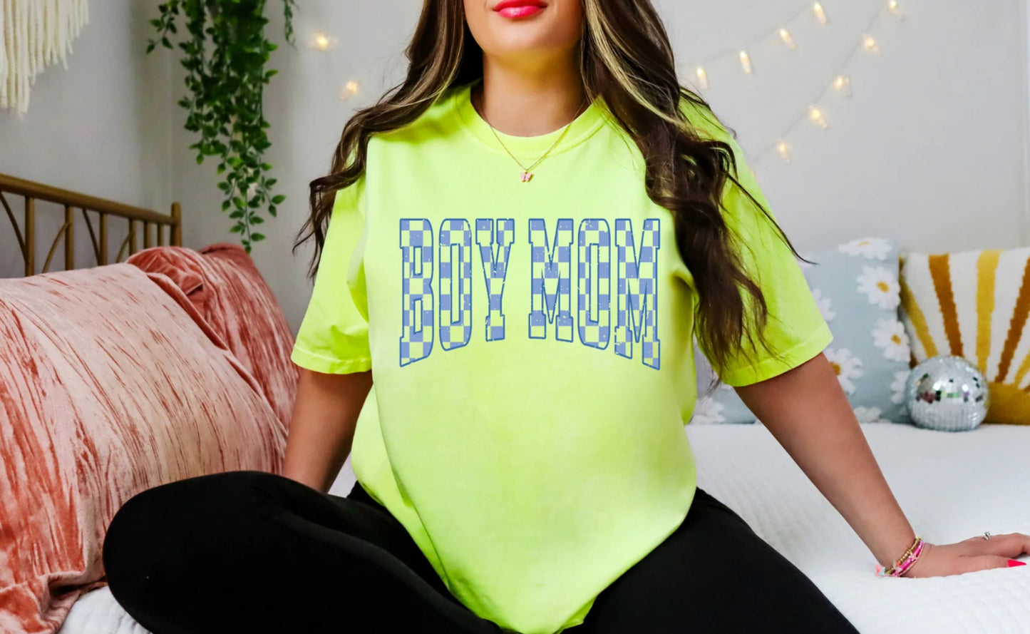 Blue Checkered Boy Mom Tee Shirt