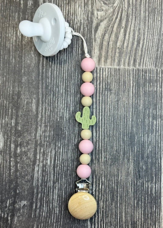 Pink And Green Cactus Pacifier Clip